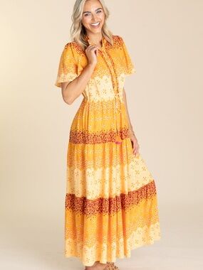 Easel Tangerine Border Printed Challis Maxi Dress